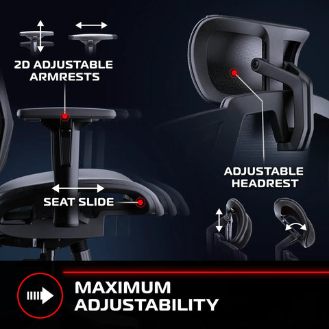 FLEXX Ergonomic Office And Gaming Chair With Lumbar Support, Breathable Mesh Recliner With Headrest And Adjustable Armrests, showing 2D adjustable armrests.