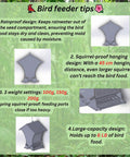 Diagram of squirrel-proof bird feeder with rainproof and large-capacity design, metal construction, hanging distance details, and weight settings.