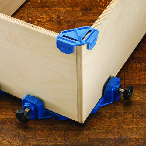 Blue Three Quarters Inch Corner Clamp Clips Four Pack For Woodworking locking wood pieces at 90 degrees