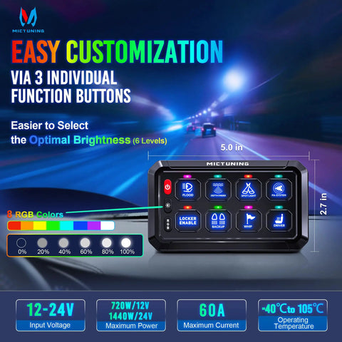 RGB 5 Inch 8 Gang Car Switch Panel With Beefed Up High Power Output 6 Level Brightness