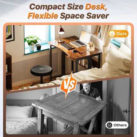 Foldable Computer Desk With Storage Shelf For Small Spaces Space Saving Sofa Table Beside The Couch Easy To Fold Rustic Brown Finish Great For Home Office And Writing Tasks On The Sofa showing compact use in bedroom setup