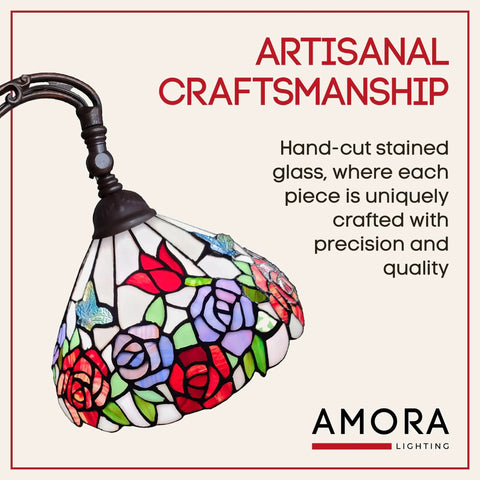 Tiffany Inspired Arched Stained Glass Floor Lamp 62 Inches Tall With Foot Switch Adjustable Shade Handcrafted, red and purple floral design.