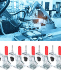 Set of five Quick Release Toggle Clamp Vertical Fixture For Welding And Machining, 30 Kg Clamping Force, assembly line background.