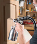 Stationary Hvlp Finishing Sprayer For Woodworkers Wanting Killer Results On Furniture Restoration Projects Using Pro Grade Metal Spray Gun for fine coating.