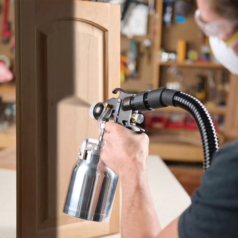 Stationary Hvlp Finishing Sprayer For Woodworkers Wanting Killer Results On Furniture Restoration Projects Using Pro Grade Metal Spray Gun for fine coating.