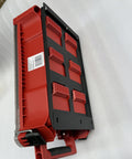 Side view of Packout Mounting Plate for Milwaukee System, black heavy-duty metal base attached to red toolbox with handle.