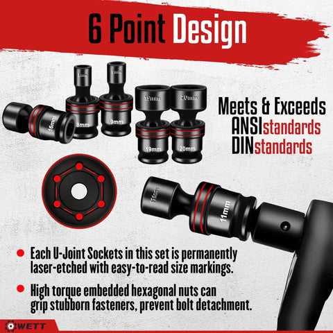 Three-Eighths Inch Drive Shallow Impact Universal Joint Socket Set, 15-Piece, Metric Swivel Sockets, Six-Point Design