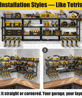64 Inch Wide Power Tool Organizer Wall Mount With Corner Fit, Heavy Duty 4 Tier Garage Storage Rack, installed on a wall