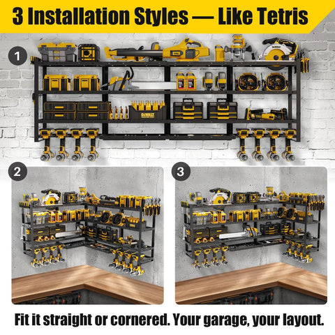 64 Inch Wide Power Tool Organizer Wall Mount With Corner Fit, Heavy Duty 4 Tier Garage Storage Rack, installed on a wall