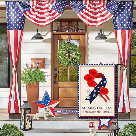 Patriotic porch with Memorial Day Garden Flag 12x18 Inch Double Sided Outdoor Patriot Flag Remembers And Honors Vets For 4th Of July