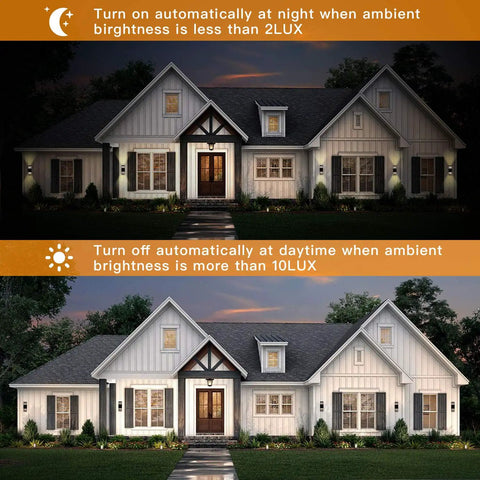House with Dusk To Dawn Outdoor Wall Lights Up Down Exterior Sconces illuminated at night and off during the day