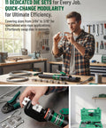 10 Ton Hydraulic Wire Rope Crimping Tool Featuring Eleven Die Sets for Double Barrel Sleeves and Stainless Steel Cable Railing Terminals with interchangeable dies.