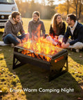 Charcoal Folding Portable Grill With Carry Bag for outdoor cooking with friends around campfire, ideal for camping trips.