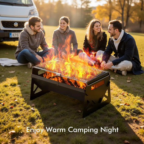 Charcoal Folding Portable Grill With Carry Bag for outdoor cooking with friends around campfire, ideal for camping trips.
