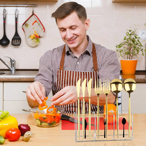 Man preparing salad with Clear Acrylic Cutlery Organizer With Three Compartments Transparent Silverware Caddy in foreground