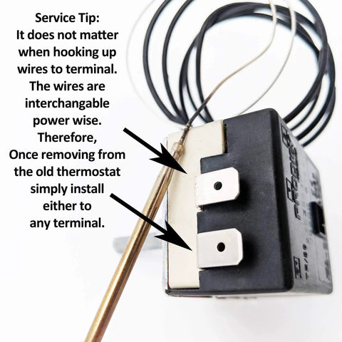 Close-up of Gas Range Oven Thermostat Replacement For WB20K10023 And WB20K8 with visible terminals and installation guidance.