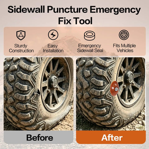 3 Pack Sidewall Tire Repair Kit With Dual Alignment Wires For Atv And Sxs Quickfix Portable Puncture Plug No Drying Time Heavy Duty Rubber Stems For All Off-road Adventures before and after tire repair comparison