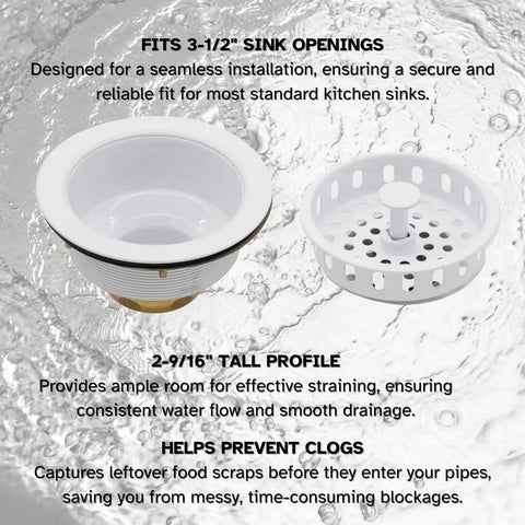 Big Post Style Brass Kitchen Sink Basket Strainer With White Powder Coat Finish, Fits Three And A Half Inch Opening