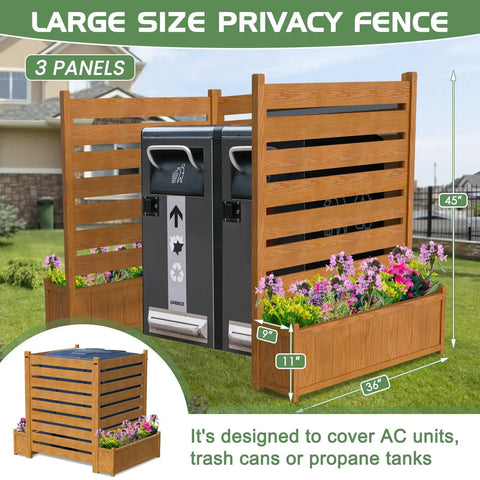 Outdoor Wood Privacy Fence Panels For Air Conditioner Trash Can And Pool Equipment Enclosures With Planter Box Yard Must Have Privacy Screen 3 Panels 36 Inches Wide By 45 Inches High Easy Install, shown surrounding trash cans with flowers in planter.