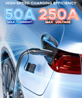 Extra Long 33Ft Ev Charger Extension Cable Rock Solid 50 Amp Nacs Plug connected to electric car charging port.