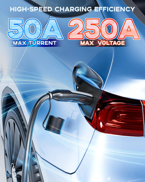 Extra Long 33Ft Ev Charger Extension Cable Rock Solid 50 Amp Nacs Plug connected to electric car charging port.
