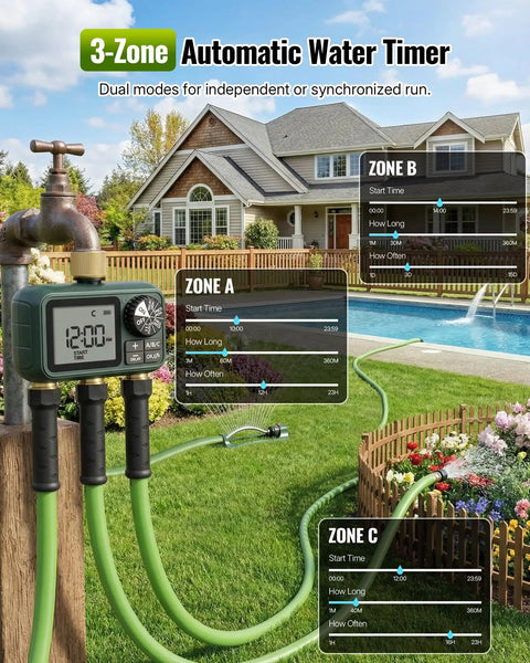 Brass Sprinkler Timer With Swivel 3 Outlet Go To Digital Irrigation System Kit For Garden Yard Lawn Programmable Auto Manual Rain Delay Watering 3 Independent Zones No Fuss Setup Outdoor Hose Timer installed in garden.