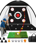 Father and son using Backyard Golf Net 10x7ft With Tri-Turf Mat Ball Target And Bag All In One Practice Hitting Net Indoors
