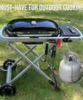 Outdoor grill connected to a propane tank using a 5 Foot Propane Hose Adapter For 1lb To 20lb Converters