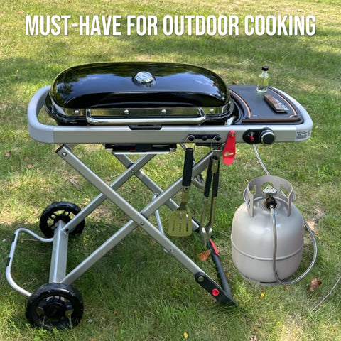 Outdoor grill connected to a propane tank using a 5 Foot Propane Hose Adapter For 1lb To 20lb Converters