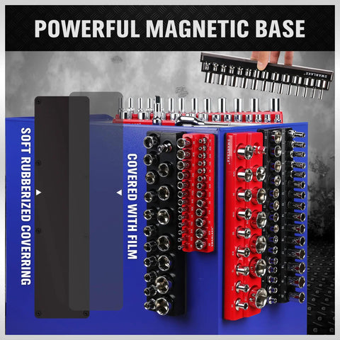 Six Piece Magnetic Socket Organizer Set For Metric And SAE Drives, Holds 143 Sockets In Red And Black Magnetic Trays, installed view