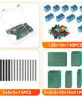 All In One PCB Prototyping Kit With 31 Double Sided Boards In Five Sizes, 140 Jumper Wires, Tweezers, And 40 Pin 2.54mm Header Connectors For Arduino Projects And DIY Electronics displayed in a plastic case and assortments.