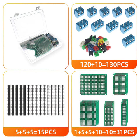 All In One PCB Prototyping Kit With 31 Double Sided Boards In Five Sizes, 140 Jumper Wires, Tweezers, And 40 Pin 2.54mm Header Connectors For Arduino Projects And DIY Electronics displayed in a plastic case and assortments.