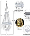 Outdoor Solar Crystal Pendant Lantern Chandelier hanging with dimensions; waterproof light with LED glow and bead curtain details