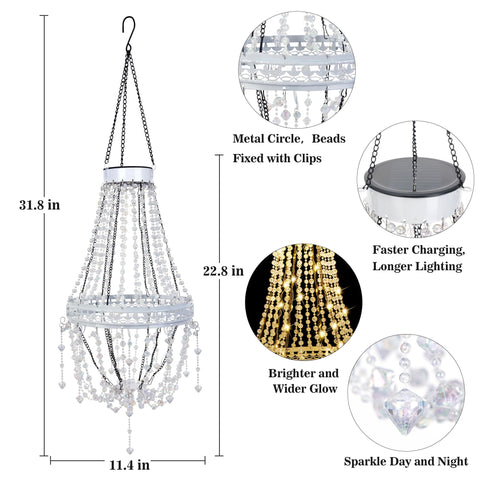 Outdoor Solar Crystal Pendant Lantern Chandelier hanging with dimensions; waterproof light with LED glow and bead curtain details