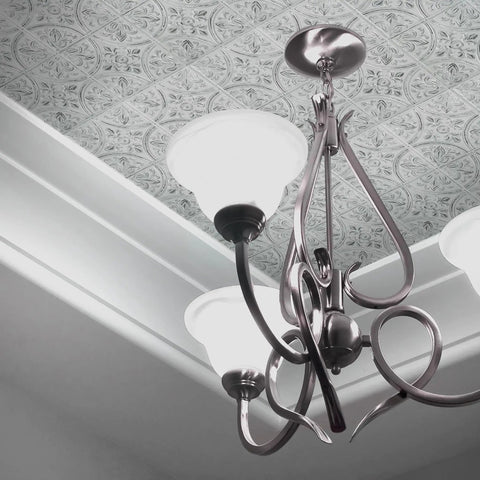 White Tin Peel And Stick Tile Backsplash Kit With Self Adhesive Tiles, Victorian tin ceiling detail with hanging light fixture