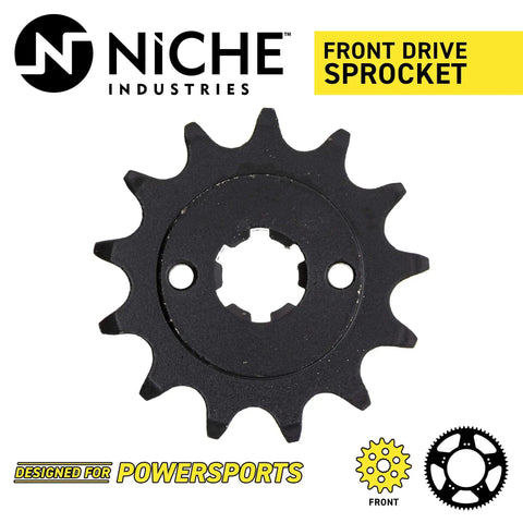 Front drive sprocket for Yamaha Blaster YFS200 from the drive sprocket and chain combo kit, showing black metal gear for off-road use.