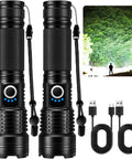 Rechargeable 90000 Lumen Flashlights Two Pack With 5 Light Modes Ultra Bright LED Beasts High Powered IPX7 Waterproof Lights For Camping Hiking Home Use. Two flashlights with USB cables.