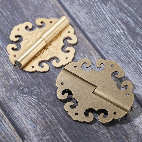 Heavy Duty Brass Cloud Hinges Two Piece Set Navy Finish Furniture Hardware Kit With Six Screws For Cabinets Closets And Jewelry Boxes on wooden surface.