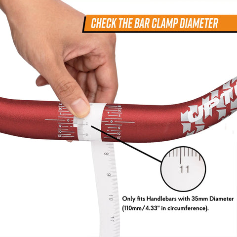 Checking diameter of Upturn High Rise Mountain Bike Handlebar 35mm Clamp 800mm Wide 75mm Rise Alloy Riser Bar with tape measure.