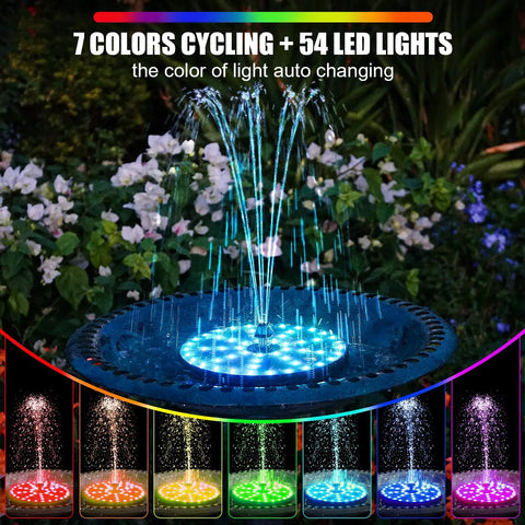 Remote Control Solar Fountain With Dope Colorful Lights For Bird Bath And Garden, 4000mAh Battery, 7 Nozzles, 54 LED Lights