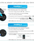 Diagram showing conditions to check if your device is compatible with a 12V 2A 24W Power Supply Adapter with 5.5mm by 2.1mm plug.