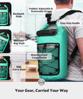 Man carrying Waterproof Dry Backpack With Phone Case Large Floating Dry Bag For Kayaking Travel Hiking Fishing Camping And Beach Gear 5L To 55L Heavy Duty Roll Top Teal, showing adjustable straps and wet/dry pocket.