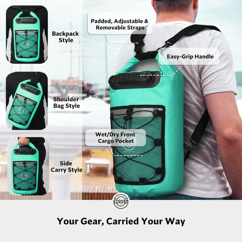 Man carrying Waterproof Dry Backpack With Phone Case Large Floating Dry Bag For Kayaking Travel Hiking Fishing Camping And Beach Gear 5L To 55L Heavy Duty Roll Top Teal, showing adjustable straps and wet/dry pocket.