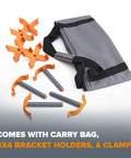 Centipede Portable Folding Workbench accessories including carry bag, 2x4 bracket holders, and clamps for woodworking setup.