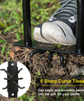Foot pressing on 37-inch Three In One Lawn Aerator And Cultivator with 4.7 inch iron tines penetrating soil.