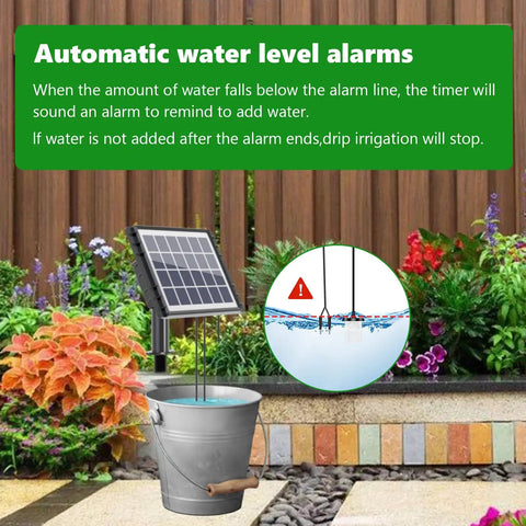 49Ft Solar Drip Irrigation System No Fuss Auto Watering Kit For 15 Pots with automatic water level alarm feature in garden