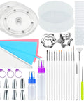 Badass 112 Piece Baking Decorating Kit With Sturdy Acrylic Turntable, Flexible Silicone Piping Bags, Precision Nozzles, Icing Bottles, And Surefire Gear For Sweet Cookies And Cupcakes, assorted tools arranged.