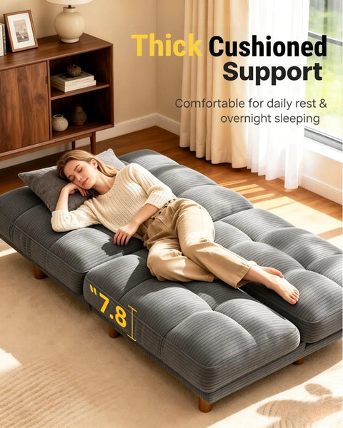Woman sleeping on 65 Inch Convertible Futon Sofa Bed with Adjustable Backrest Corduroy Grey Upholstery in living room