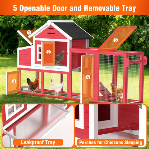 Mobile Chicken Coop On Wheels For Four To Six Chickens Yard Ready Outdoor Wooden Hen House with 5 doors and leakproof tray