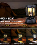 6000 Lumen LED Camping Lantern With Rechargeable Battery And Hand Crank Solar Power showing light modes